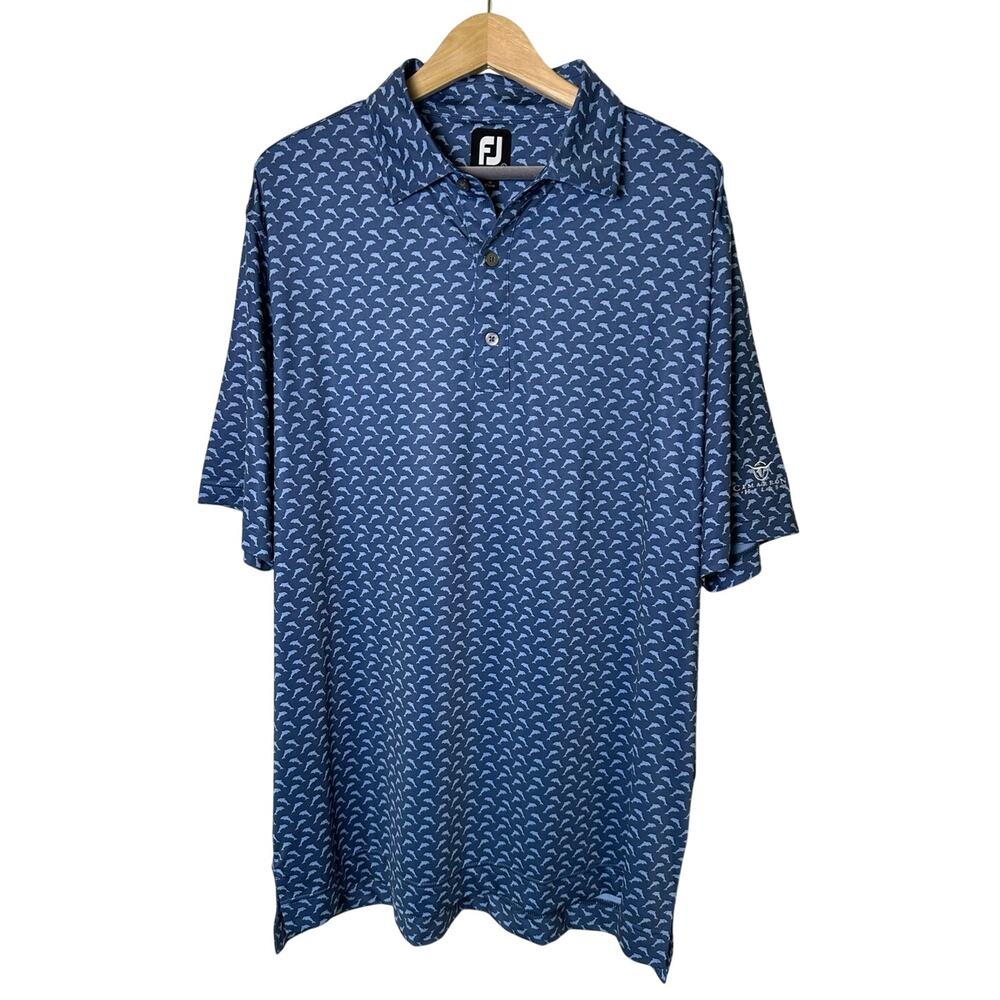 FootJoy Blue Dolphin Pattern Performance Polo Shirt Men L Golf Country Club Logo